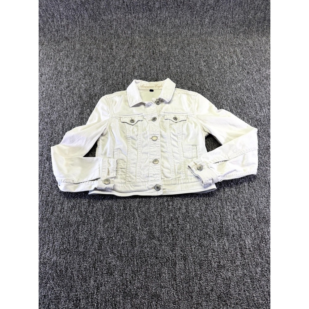 American Eagle Trucker Jacket Women Medium White Cropped Denim Button Front